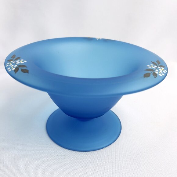 Tiffin Blue Satin Glass Rolled Edge Compote Vintage Hand-Painted Floral Design - Picture 1 of 9